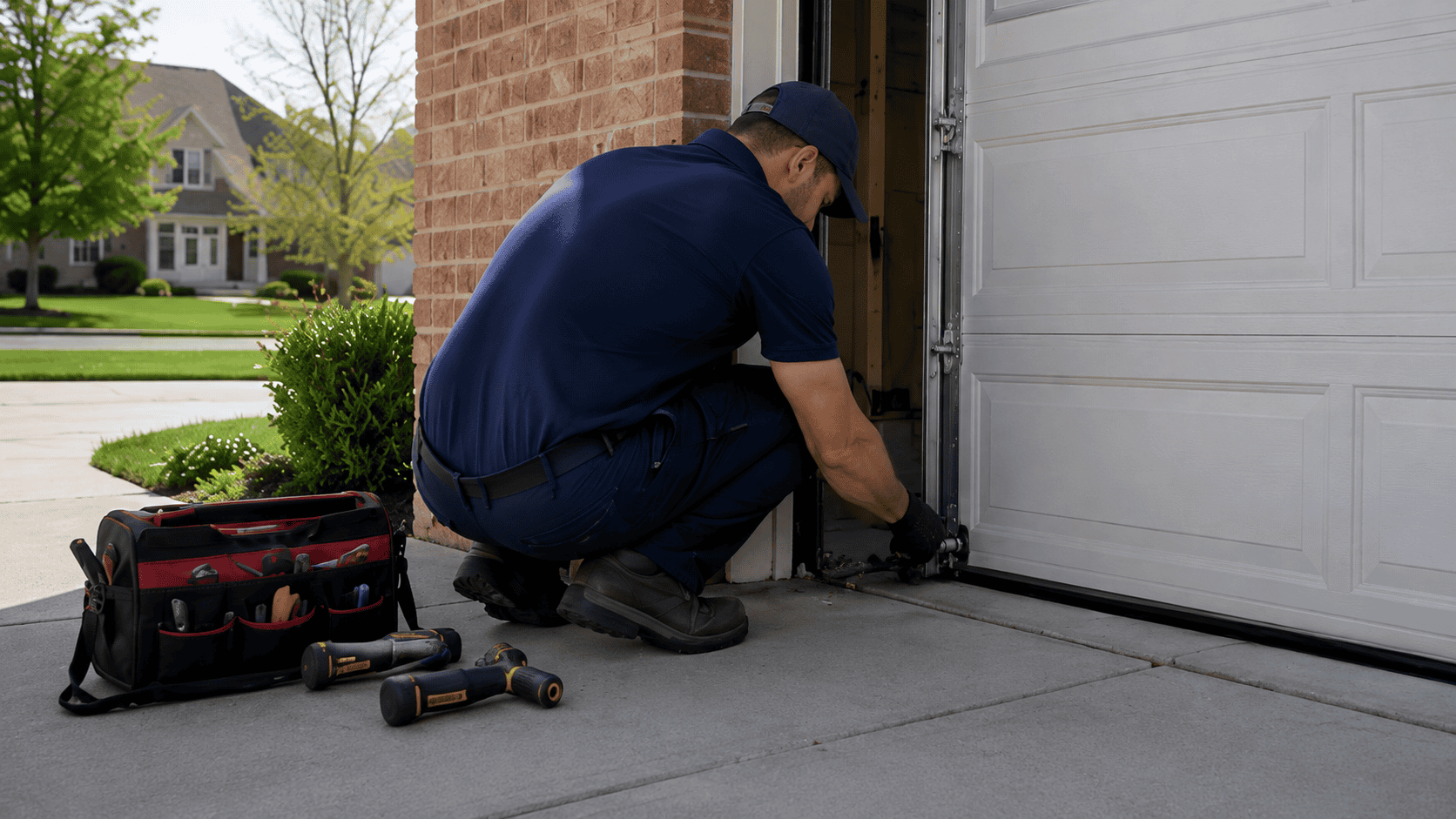 Technician repairing garage door cable at residential home in Williamson County