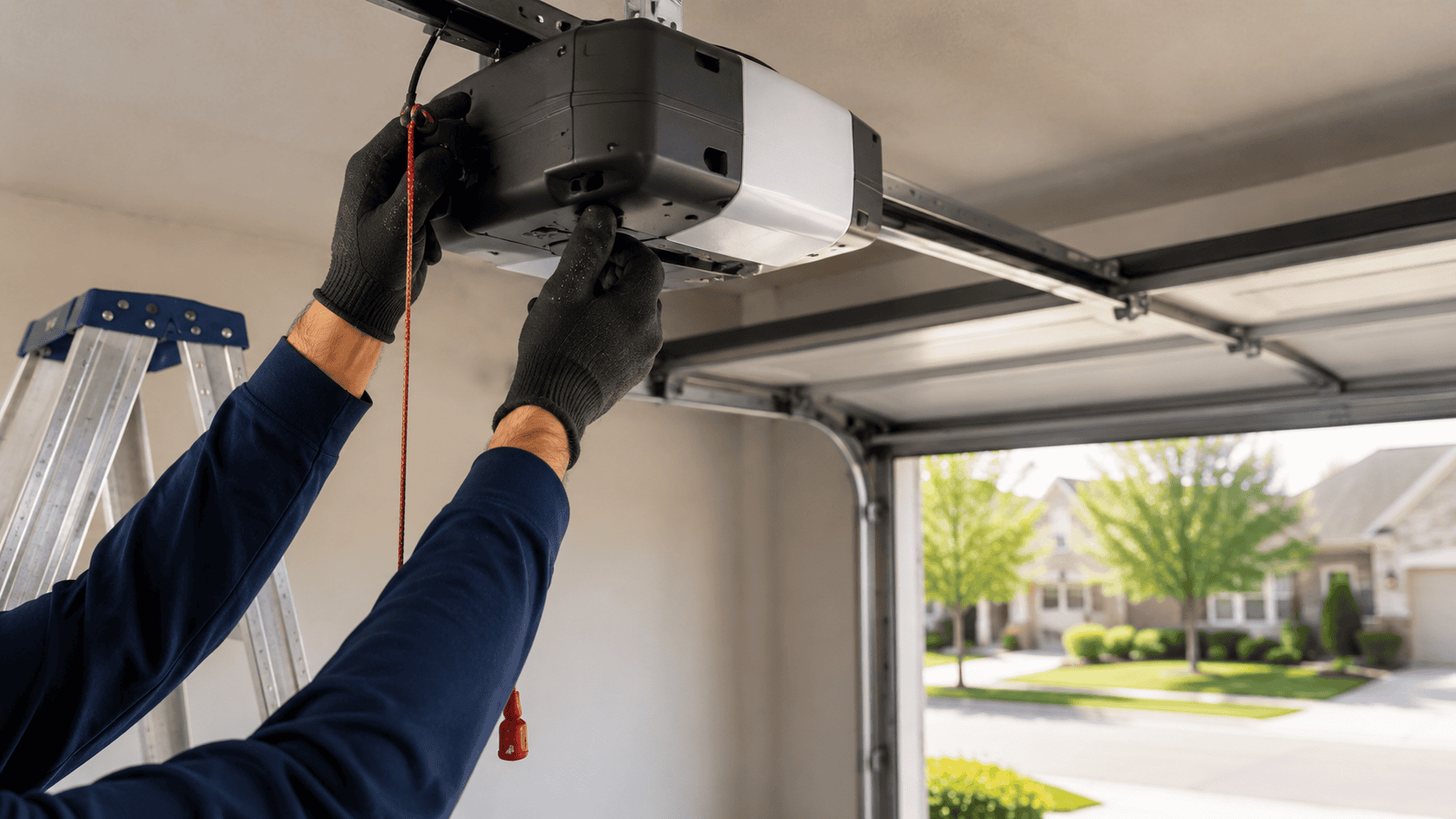 Technician repairing ceiling-mounted garage door opener in Franklin, TN