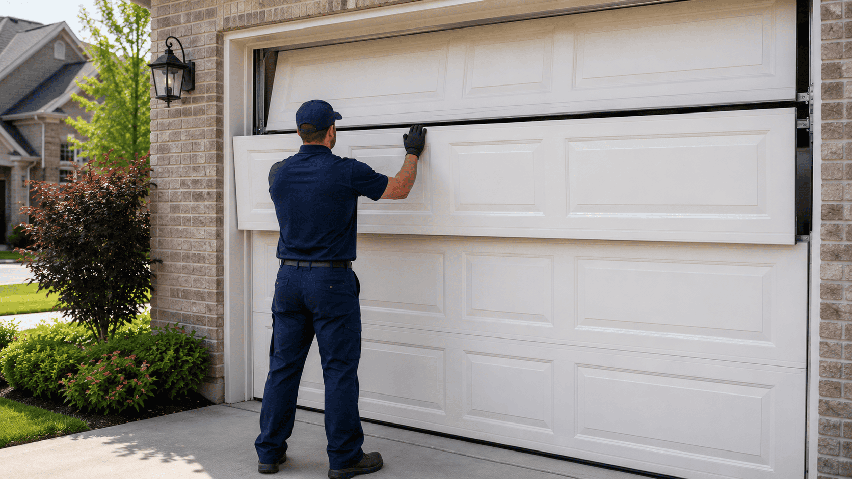 Technician replacing garage door panel on suburban home in Williamson County