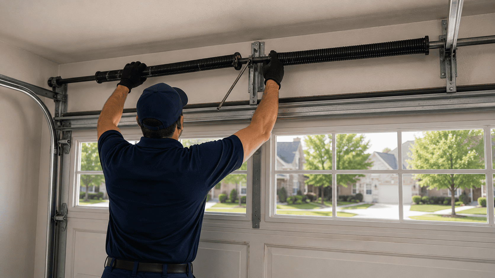 Technician repairing garage door torsion spring in Franklin, TN