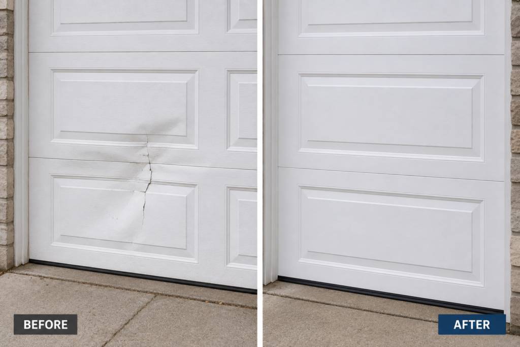 Cracked garage door panel compared to new replacement panel — panel replacement service in Franklin TN